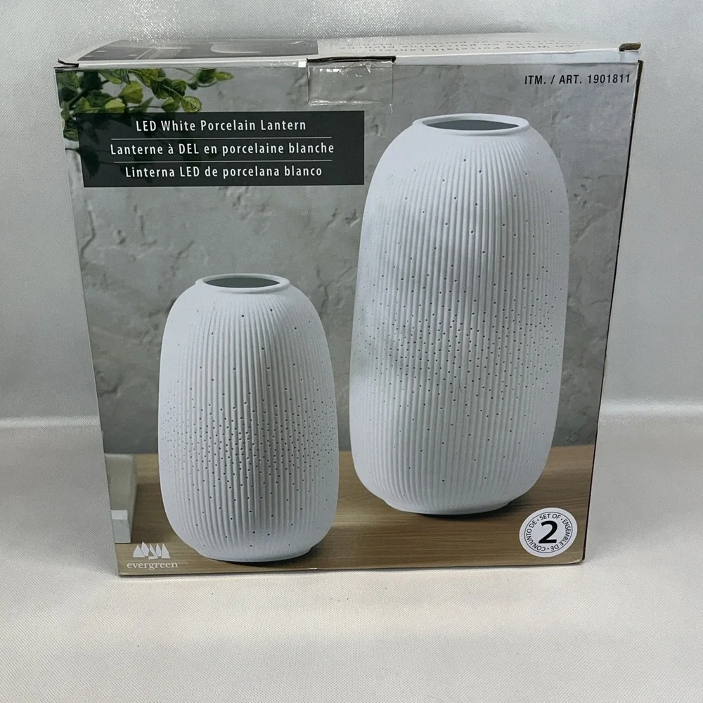Evergreen LED Porcelain Lantern WHITE Set of 2 NEW IN BOX USB RECHARGEABLE